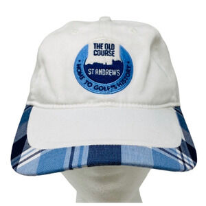 St Andrews The Old Course Scotland Golf Hat White Blue Plaid Size S Back Strap